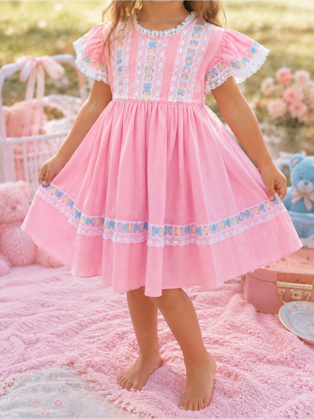 Vintage 1970's Sears Disney Winnie The Pooh Pleated Twirl Dress With Lace Size 4
